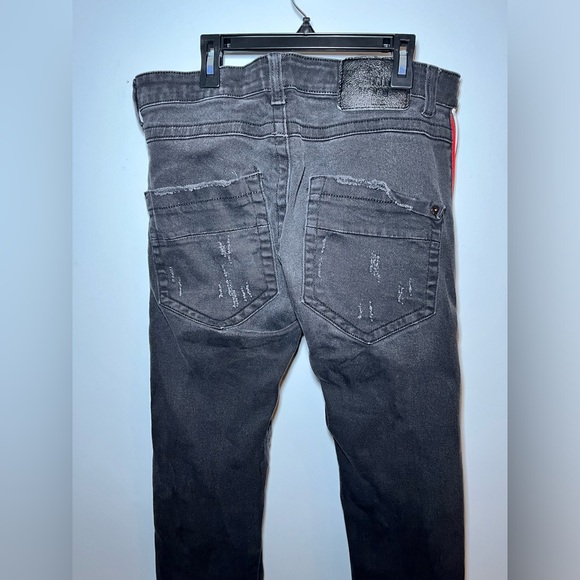SMUGGLER’S MOON SUPER SKINNY BLACK DISTRESSED JEANS WITH REFLECTIVE TRIM. 34 - Picture 6 of 11